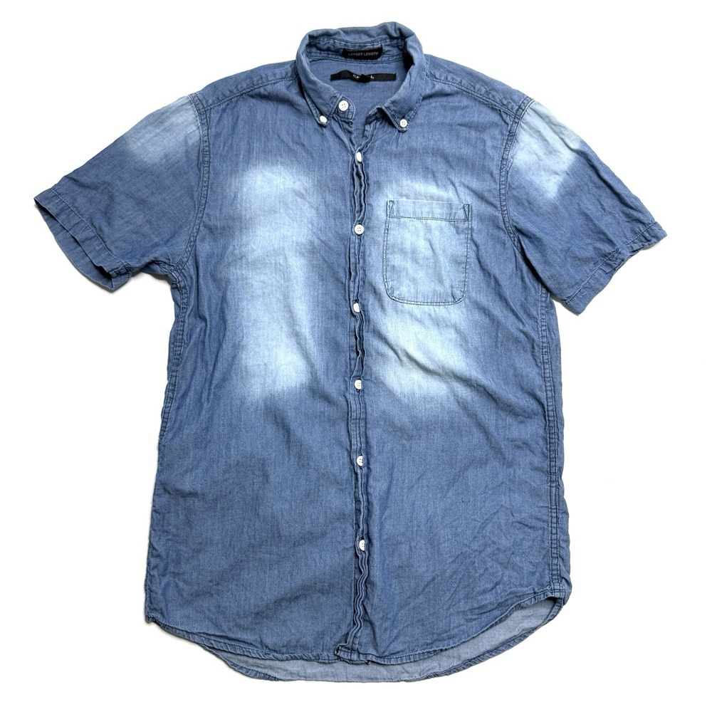 Carbon Denim Mens Short Sleeve Shirt Button Down Longer Length Size S Chambray